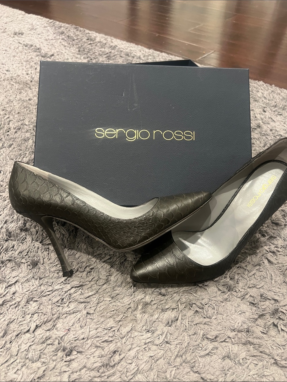 Sergio Rossi Black Embossed Leather Pointed Stiletto Pumps 37